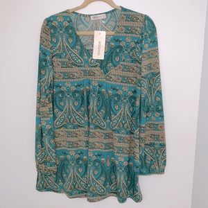 MOQIVGI Womens V Neck Long Sleeve Casual Blouse Top A-line Flowy Tunic Shirt